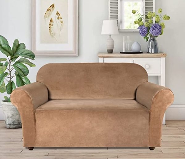 POKROWIEC NA SOFĘ FOTEL ELASTYCZNY WELUR 90-140 CM 1OS CAMELOWY - obrazek 2