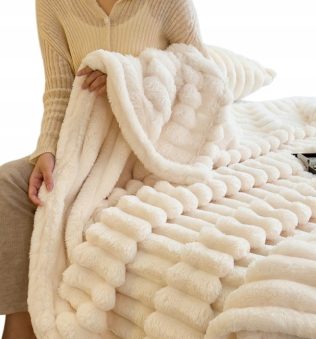 MIĘKKI KOC NARZUTA NA ŁÓŹKO WYTŁACZANE PASKI SHERPA CIEPŁY 180X220