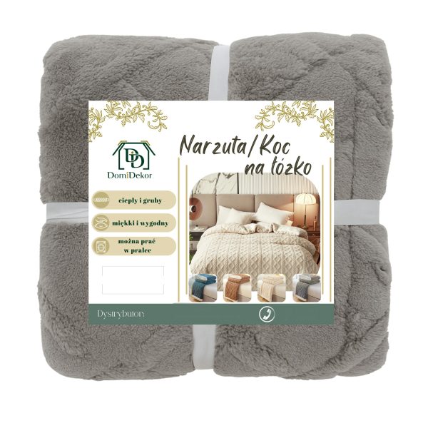 MIĘKKI KOC NARZUTA PLED NA ŁÓŹKO BARANEK SHERPA CIEPŁY 160X220 GRUBY DWUSTR   szary - obrazek 6